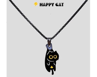 Happy Cat Necklace Black Cat Amulet Cat Jewelry Cat Lover Gift Cute Christmas Gift for Birthday