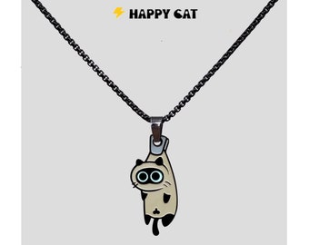 Happy Cat Necklace Black Cat Amulet Cat Jewelry Cat Lover Gift Cute Christmas Gift for Birthday