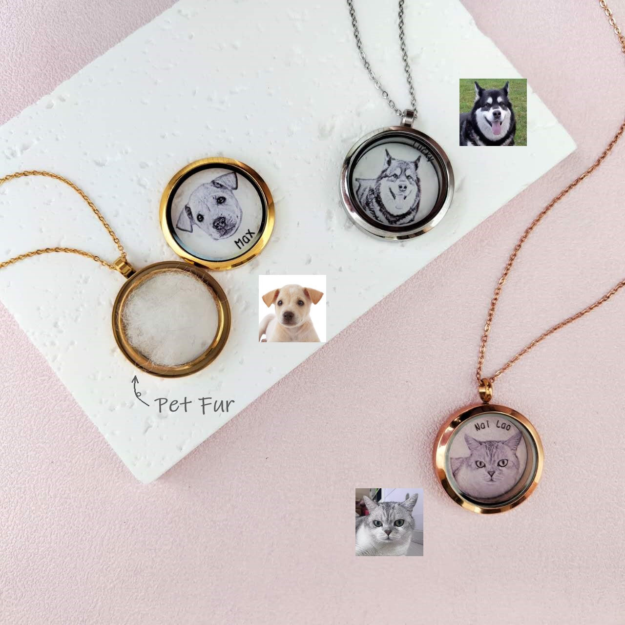 Custom Pet Fur Necklace, Pet Memorial Locket Loss of Pet Personalized Memorial Jewerlry Dog Cat Pet Remembrance Unique Pet Portrait Gift