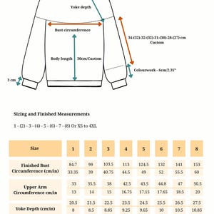 May include: Diagram of a sweater design with measurements in centimeters and inches. Includes bust circumference, body length, yoke depth, and colorwork dimensions. Sizing chart from XS to 4XL with measurements.