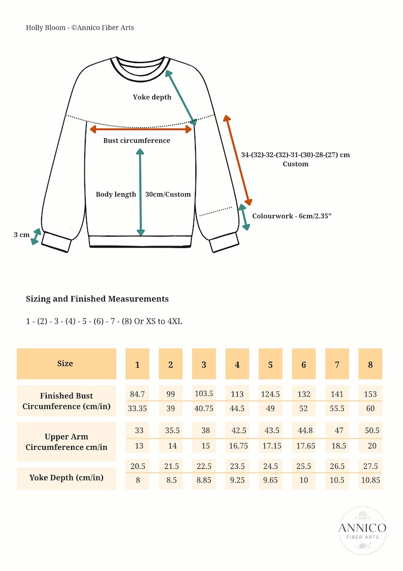 May include: Diagram of a sweater design with measurements in centimeters and inches. Includes bust circumference, body length, yoke depth, and colorwork dimensions. Sizing chart from XS to 4XL with measurements.
