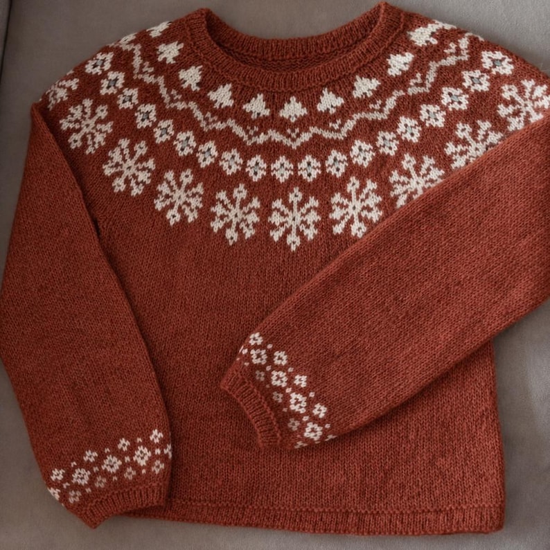 May include: A rust-colored knitted sweater with white snowflake and geometric patterns. The sweater features a crew neck and long sleeves, with the snowflake design across the chest and on the cuffs. The sweater is made of a soft, textured yarn.