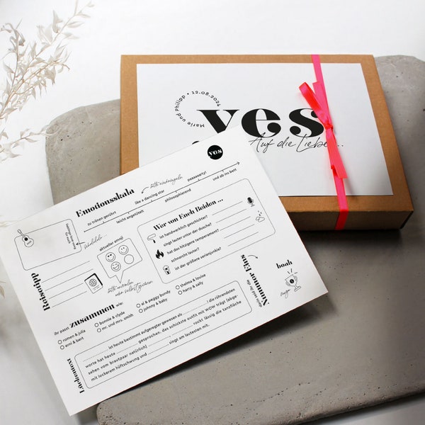 Gästebuch-Karten – YES  | Fragekarten zum Ausfüllen in schwarz-weiß zur Hochzeit | A5 mit Schachtel