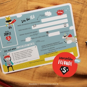 Freundebuchkarten – Superhelden | Fragekarten zum Ausfüllen  | Kita, Grundschule | A5 mit Box