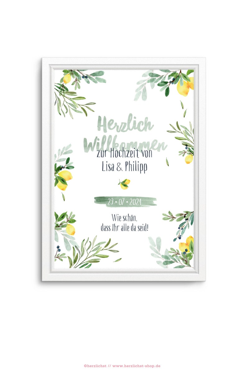 Wedding Welcome Poster with Lemons & Olives Mediterranean poster in watercolor look A4, A3, B2 image 4