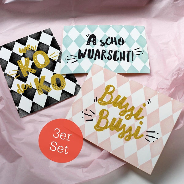 Bayerische Grußkarten – 3er Set | Glückwunschkarten mit Sprüchen | Postkarten, A6