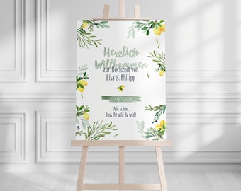 Willkommensposter zur Hochzeit mit Zitronen & Oliven | mediterranes Poster im Watercolor-Look | A4, A3, B2