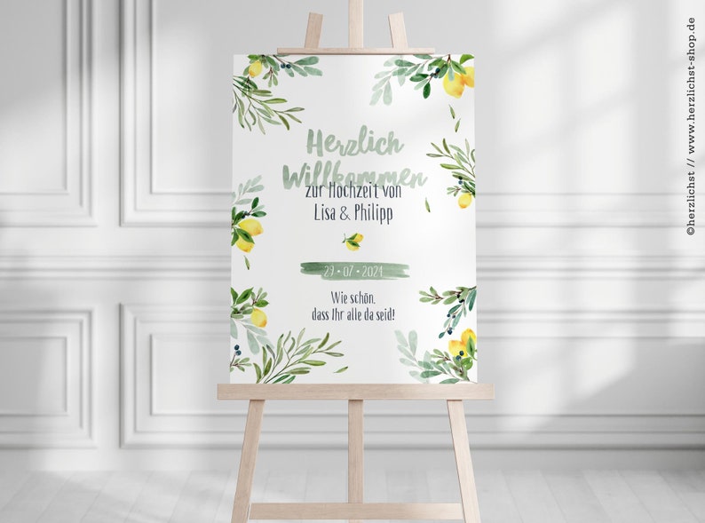 Wedding Welcome Poster with Lemons & Olives Mediterranean poster in watercolor look A4, A3, B2 image 1