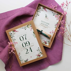Geldgeschenk – Rose| Geschenkschachtel zur Hochzeit mit aquarellierten Blättern & Blumen | ca. A5