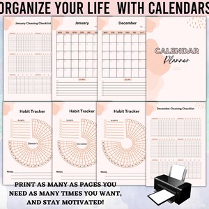 Puede incluir: P&aacute;ginas de planificador de calendario imprimibles con un esquema de color rosa y melocot&oacute;n. Las p&aacute;ginas incluyen calendarios mensuales, rastreadores de h&aacute;bitos y listas de verificaci&oacute;n de limpieza. El texto "ORGANIZE YOUR LIFE WITH CALENDARS" est&aacute; en la parte superior de la imagen. El texto "CALENDAR Planner" est&aacute; en la esquina superior derecha de la imagen. El texto "PRINT AS MANY AS PAGES YOU NEED AS MANY TIMES YOU WANT, AND STAY MOTIVATED!" est&aacute; en la parte inferior de la imagen.