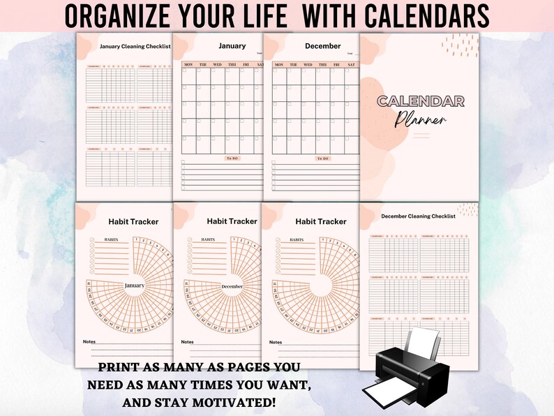 Puede incluir: P&aacute;ginas de planificador de calendario imprimibles con un esquema de color rosa y melocot&oacute;n. Las p&aacute;ginas incluyen calendarios mensuales, rastreadores de h&aacute;bitos y listas de verificaci&oacute;n de limpieza. El texto "ORGANIZE YOUR LIFE WITH CALENDARS" est&aacute; en la parte superior de la imagen. El texto "CALENDAR Planner" est&aacute; en la esquina superior derecha de la imagen. El texto "PRINT AS MANY AS PAGES YOU NEED AS MANY TIMES YOU WANT, AND STAY MOTIVATED!" est&aacute; en la parte inferior de la imagen.