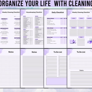 Pode incluir: Um conjunto de listas de verifica&ccedil;&atilde;o de limpeza e listas de tarefas imprim&iacute;veis com um design roxo e branco. As listas incluem se&ccedil;&otilde;es para limpeza semanal, limpeza dom&eacute;stica e tarefas di&aacute;rias. O texto "ORGANIZE YOUR LIFE WITH CLEANING" est&aacute; no topo.