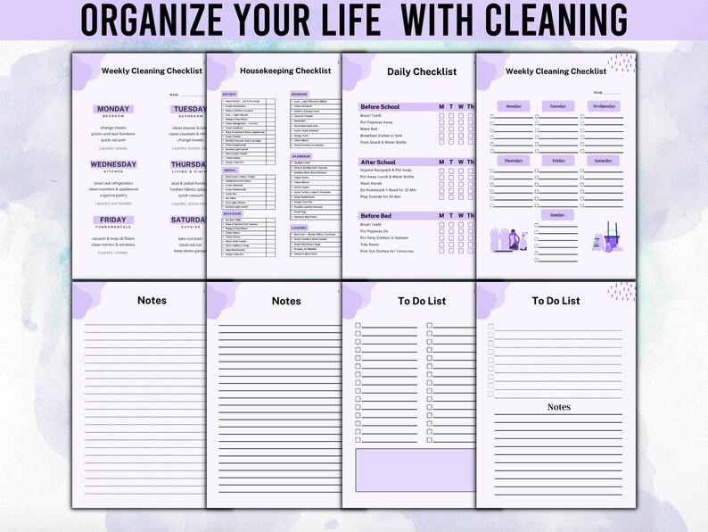 Pode incluir: Um conjunto de listas de verifica&ccedil;&atilde;o de limpeza e listas de tarefas imprim&iacute;veis com um design roxo e branco. As listas incluem se&ccedil;&otilde;es para limpeza semanal, limpeza dom&eacute;stica e tarefas di&aacute;rias. O texto "ORGANIZE YOUR LIFE WITH CLEANING" est&aacute; no topo.