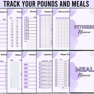 Puede incluir: Un planificador de fitness y comidas imprimible con un esquema de color morado y blanco. El planificador incluye secciones para hacer un seguimiento del peso, los entrenamientos, las medidas, la nutrici&oacute;n, la ingesta de agua, las calor&iacute;as y los pasos. El texto "Fitness Planner" y "Meal Planner" est&aacute; incluido en el dise&ntilde;o.