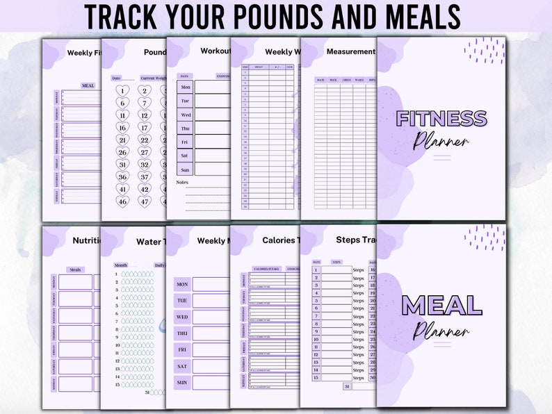 Puede incluir: Un planificador de fitness y comidas imprimible con un esquema de color morado y blanco. El planificador incluye secciones para hacer un seguimiento del peso, los entrenamientos, las medidas, la nutrici&oacute;n, la ingesta de agua, las calor&iacute;as y los pasos. El texto "Fitness Planner" y "Meal Planner" est&aacute; incluido en el dise&ntilde;o.