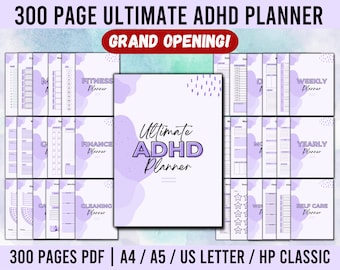 Puede incluir: Un planificador digital morado y blanco con el texto "Ultimate ADHD Planner" y "300 Pages PDF | A4 / A5 / US LETTER / HP CLASSIC". El planificador incluye secciones para fitness, finanzas, limpieza, semanal, anual y autocuidado.