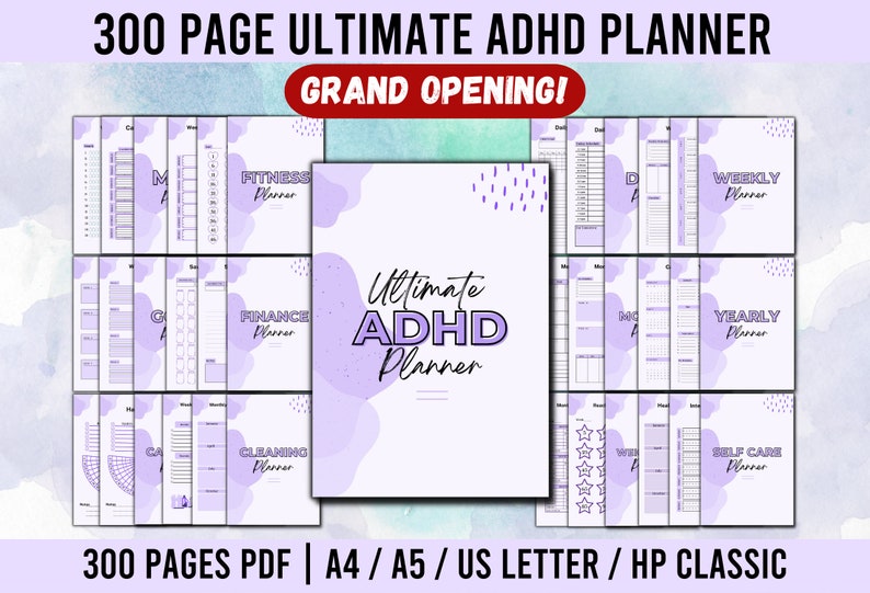 Puede incluir: Un planificador digital morado y blanco con el texto "Ultimate ADHD Planner" y "300 Pages PDF | A4 / A5 / US LETTER / HP CLASSIC". El planificador incluye secciones para fitness, finanzas, limpieza, semanal, anual y autocuidado.