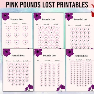 May include: Six printable weight loss trackers with pink hearts and purple flowers. Each tracker has a space for the date, starting weight, and goal weight. The trackers are numbered from 1 to 30.