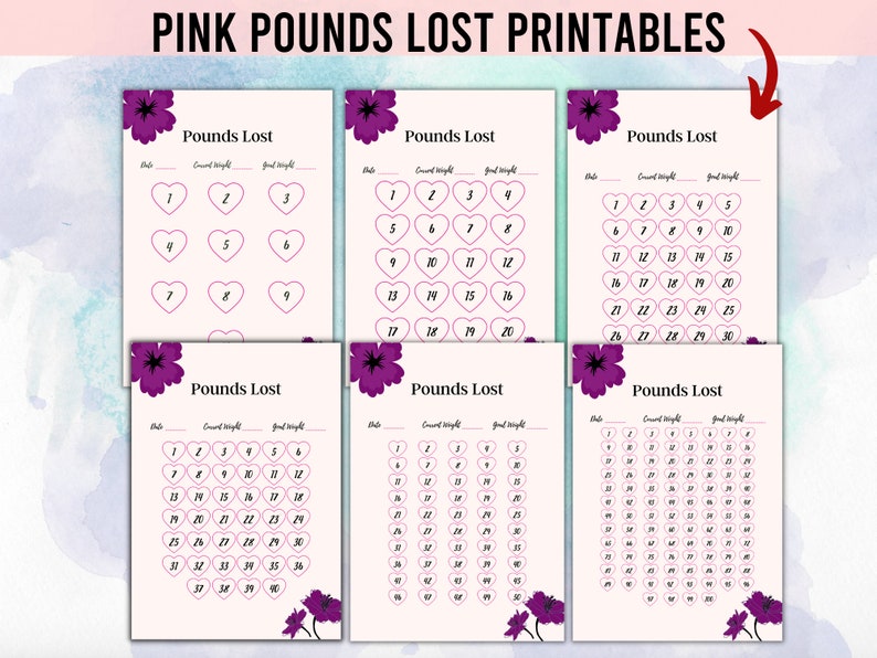 May include: Six printable weight loss trackers with pink hearts and purple flowers. Each tracker has a space for the date, starting weight, and goal weight. The trackers are numbered from 1 to 30.