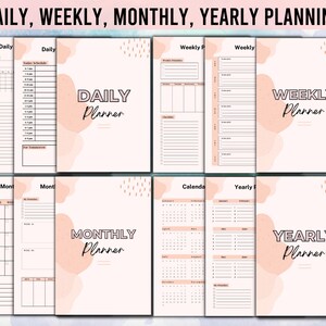 Puede incluir: Un conjunto de planificadores imprimibles para la planificaci&oacute;n diaria, semanal, mensual y anual. Los planificadores presentan un esquema de color rosa y blanco con formas abstractas y un dise&ntilde;o minimalista.