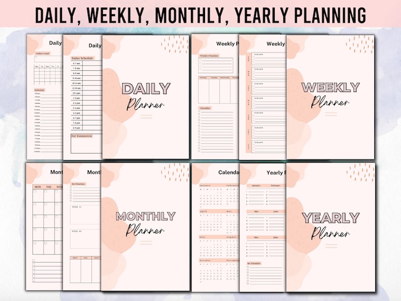 Puede incluir: Un conjunto de planificadores imprimibles para la planificaci&oacute;n diaria, semanal, mensual y anual. Los planificadores presentan un esquema de color rosa y blanco con formas abstractas y un dise&ntilde;o minimalista.