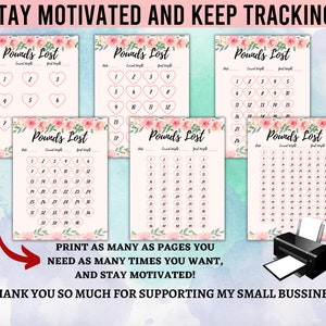 Pode incluir: Rastreador de perda de peso imprim&iacute;vel com design floral. O rastreador tem um fundo rosa com uma borda floral e um t&iacute;tulo que diz "Pounds Lost". O rastreador tem uma coluna para a data, o peso atual e o peso objetivo. O rastreador tem uma grade de cora&ccedil;&otilde;es que podem ser preenchidos &agrave; medida que o peso &eacute; perdido.