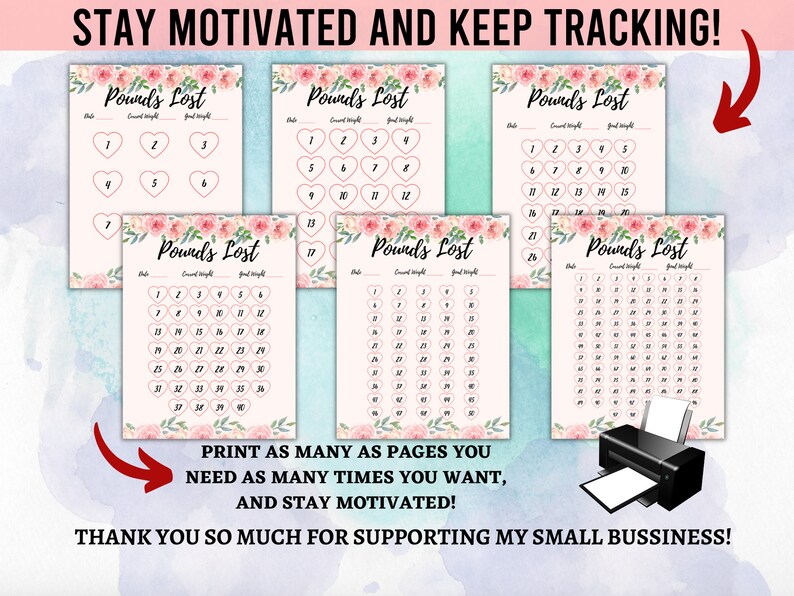 Pode incluir: Rastreador de perda de peso imprim&iacute;vel com design floral. O rastreador tem um fundo rosa com uma borda floral e um t&iacute;tulo que diz "Pounds Lost". O rastreador tem uma coluna para a data, o peso atual e o peso objetivo. O rastreador tem uma grade de cora&ccedil;&otilde;es que podem ser preenchidos &agrave; medida que o peso &eacute; perdido.