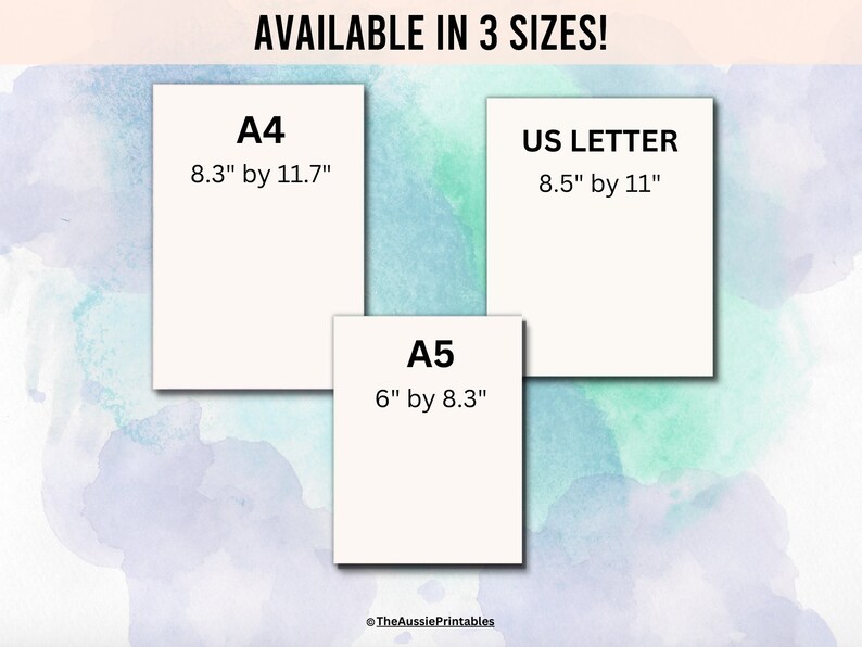 May include: A graphic showing three different paper sizes: A4 (8.3 inches by 11.7 inches), US Letter (8.5 inches by 11 inches), and A5 (6 inches by 8.3 inches).