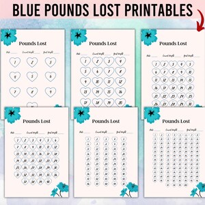 May include: Six printable weight loss trackers featuring blue flowers and hearts. Each tracker has a space for the date, starting weight, and goal weight. The trackers are numbered from 1 to 30, 31 to 60, 61 to 90, 1 to 30, 31 to 60, and 61 to 90.