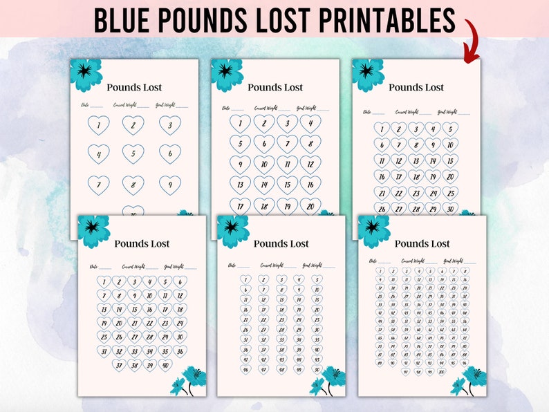 May include: Six printable weight loss trackers featuring blue flowers and hearts. Each tracker has a space for the date, starting weight, and goal weight. The trackers are numbered from 1 to 30, 31 to 60, 61 to 90, 1 to 30, 31 to 60, and 61 to 90.