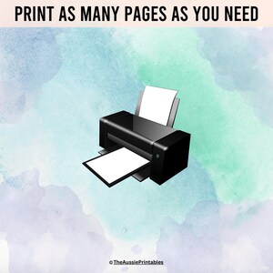 May include: A black printer with a white sheet of paper in the tray. The printer is on a light blue and purple watercolor background. The text "PRINT AS MANY PAGES AS YOU NEED" is at the top of the image.