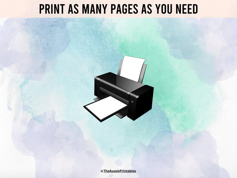 May include: A black printer with a white sheet of paper in the tray. The printer is on a light blue and purple watercolor background. The text "PRINT AS MANY PAGES AS YOU NEED" is at the top of the image.