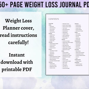 Pode incluir: Um di&aacute;rio digital de perda de peso em PDF com uma capa branca e uma p&aacute;gina de conte&uacute;do detalhada. O texto da capa diz "Weight Loss Planner cover, read instructions carefully!" e "Instant download with printable PDF."
