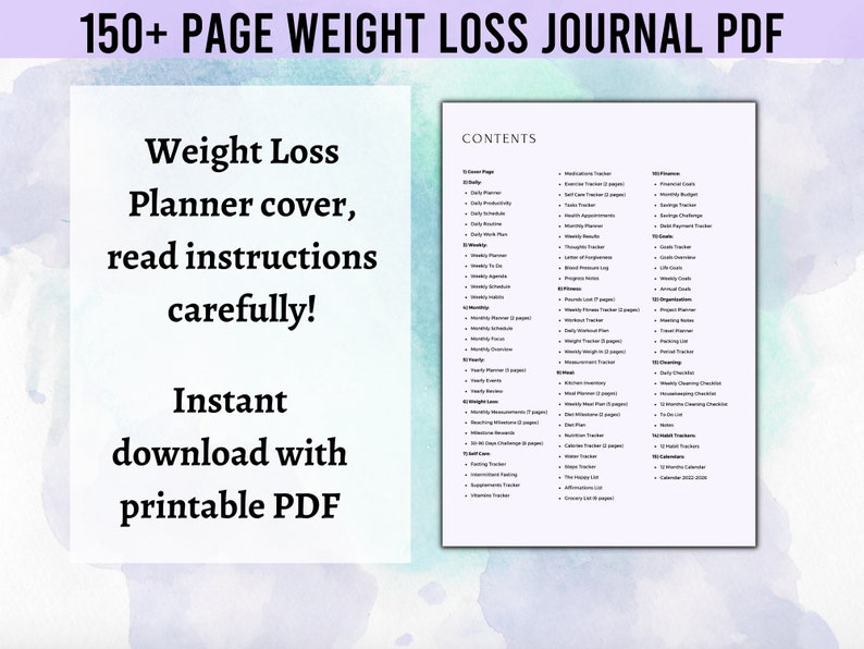 Pode incluir: Um di&aacute;rio digital de perda de peso em PDF com uma capa branca e uma p&aacute;gina de conte&uacute;do detalhada. O texto da capa diz "Weight Loss Planner cover, read instructions carefully!" e "Instant download with printable PDF."