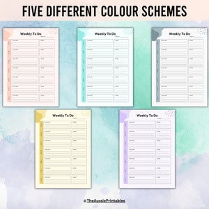 May include: Five different weekly to-do list templates with various color schemes. Each template features a simple design with a blank space for writing tasks and a column for the day of the week.
