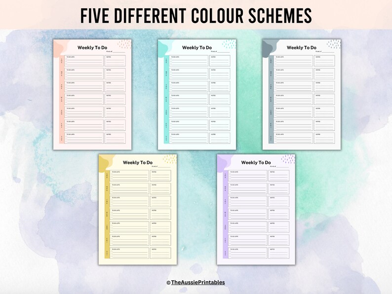 May include: Five different weekly to-do list templates with various color schemes. Each template features a simple design with a blank space for writing tasks and a column for the day of the week.