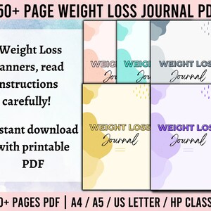 Pode incluir: Uma cole&ccedil;&atilde;o de di&aacute;rios de perda de peso com capas em v&aacute;rias cores pastel. Cada capa do di&aacute;rio apresenta as palavras "Weight Loss Journal" em um estilo manuscrito. A imagem tamb&eacute;m inclui o texto "150+ Page Weight Loss Journal PDF".
