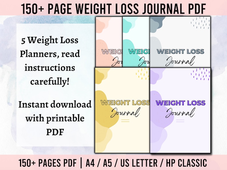 Pode incluir: Uma cole&ccedil;&atilde;o de di&aacute;rios de perda de peso com capas em v&aacute;rias cores pastel. Cada capa do di&aacute;rio apresenta as palavras "Weight Loss Journal" em um estilo manuscrito. A imagem tamb&eacute;m inclui o texto "150+ Page Weight Loss Journal PDF".