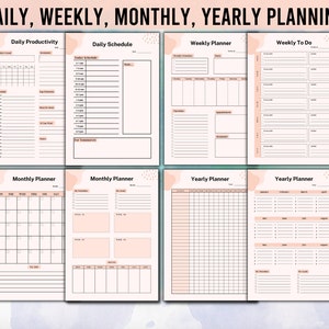 Pode incluir: Um conjunto de p&aacute;ginas de planejador imprim&iacute;veis para planejamento di&aacute;rio, semanal, mensal e anual. As p&aacute;ginas apresentam um design limpo e minimalista com um esquema de cores em p&ecirc;ssego e branco. O texto "DAILY, WEEKLY, MONTHLY, YEARLY PLANNING" est&aacute; no topo.