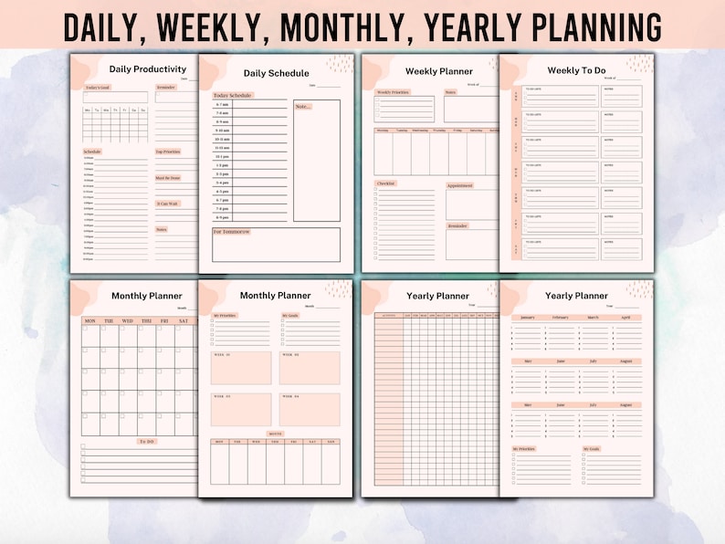 Pode incluir: Um conjunto de p&aacute;ginas de planejador imprim&iacute;veis para planejamento di&aacute;rio, semanal, mensal e anual. As p&aacute;ginas apresentam um design limpo e minimalista com um esquema de cores em p&ecirc;ssego e branco. O texto "DAILY, WEEKLY, MONTHLY, YEARLY PLANNING" est&aacute; no topo.