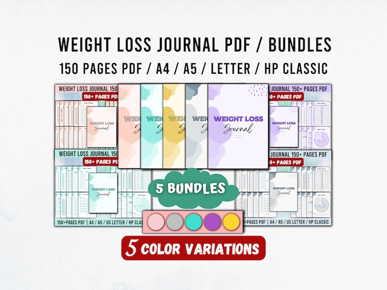 Pode incluir: Um di&aacute;rio digital de perda de peso em PDF com 150 p&aacute;ginas, dispon&iacute;vel nos tamanhos A4, A5, Carta e HP Classic. A imagem mostra cinco pacotes de di&aacute;rios em v&aacute;rias cores, com o texto "Weight Loss Journal" na capa.
