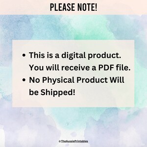 May include: A digital product notice with a watercolor background. The text reads: "PLEASE NOTE! This is a digital product. You will receive a PDF file. No Physical Product Will be Shipped!"