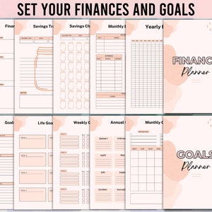 Puede incluir: Un planificador imprimible con fondos de acuarela rosa y melocot&oacute;n. El planificador est&aacute; dividido en secciones para finanzas y objetivos. El texto "SET YOUR FINANCES AND GOALS" est&aacute; en la parte superior de la p&aacute;gina. El texto "FINANCE Planner" est&aacute; en la esquina superior derecha de la p&aacute;gina. El texto "GOALS Planner" est&aacute; en la esquina inferior derecha de la p&aacute;gina.