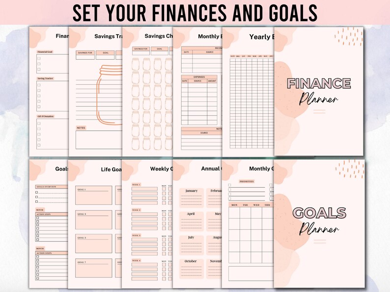Puede incluir: Un planificador imprimible con fondos de acuarela rosa y melocot&oacute;n. El planificador est&aacute; dividido en secciones para finanzas y objetivos. El texto "SET YOUR FINANCES AND GOALS" est&aacute; en la parte superior de la p&aacute;gina. El texto "FINANCE Planner" est&aacute; en la esquina superior derecha de la p&aacute;gina. El texto "GOALS Planner" est&aacute; en la esquina inferior derecha de la p&aacute;gina.