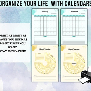 Pode incluir: Uma cole&ccedil;&atilde;o de p&aacute;ginas de calend&aacute;rio e rastreador de h&aacute;bitos para impress&atilde;o. Os calend&aacute;rios de janeiro e dezembro s&atilde;o exibidos, juntamente com rastreadores de h&aacute;bitos. O texto diz "ORGANIZE YOUR LIFE WITH CALENDARS" e "PRINT AS MANY AS PAGES YOU NEED AS MANY TIMES YOU WANT. STAY MOTIVATED!"