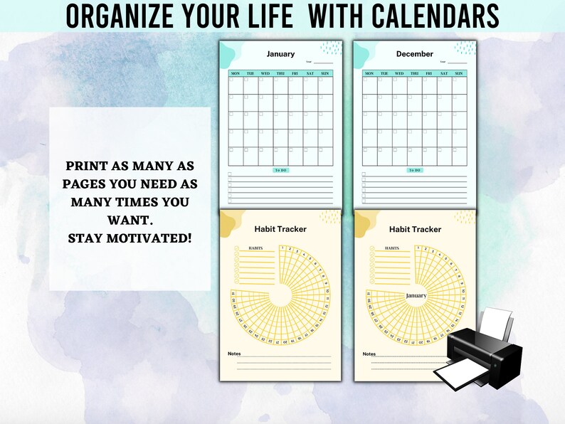 Pode incluir: Uma cole&ccedil;&atilde;o de p&aacute;ginas de calend&aacute;rio e rastreador de h&aacute;bitos para impress&atilde;o. Os calend&aacute;rios de janeiro e dezembro s&atilde;o exibidos, juntamente com rastreadores de h&aacute;bitos. O texto diz "ORGANIZE YOUR LIFE WITH CALENDARS" e "PRINT AS MANY AS PAGES YOU NEED AS MANY TIMES YOU WANT. STAY MOTIVATED!"
