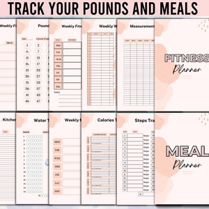 Puede incluir: Un planificador de fitness y comidas imprimible con acentos rosados y melocot&oacute;n. El planificador incluye secciones para hacer un seguimiento del peso, las medidas, el estado f&iacute;sico semanal, las calor&iacute;as, los pasos, la ingesta de agua y la planificaci&oacute;n de las comidas.