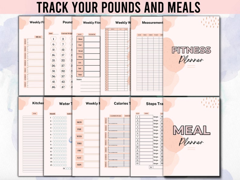 Puede incluir: Un planificador de fitness y comidas imprimible con acentos rosados y melocot&oacute;n. El planificador incluye secciones para hacer un seguimiento del peso, las medidas, el estado f&iacute;sico semanal, las calor&iacute;as, los pasos, la ingesta de agua y la planificaci&oacute;n de las comidas.