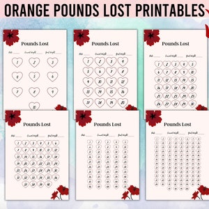 May include: Six printable weight loss trackers with a floral design. Each tracker features a heart shape for each pound lost, with a total of 30 hearts on each sheet. The trackers are labeled "Pounds Lost" and have spaces for the date, starting weight, and goal weight.