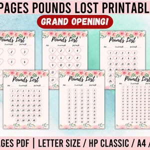 Pode incluir: Seis p&aacute;ginas imprim&iacute;veis com um design floral, cada p&aacute;gina tem um gr&aacute;fico intitulado "Pounds Lost" com uma se&ccedil;&atilde;o para "Current Weight" e "Goal Weight". Os gr&aacute;ficos s&atilde;o numerados de 1 a 40.